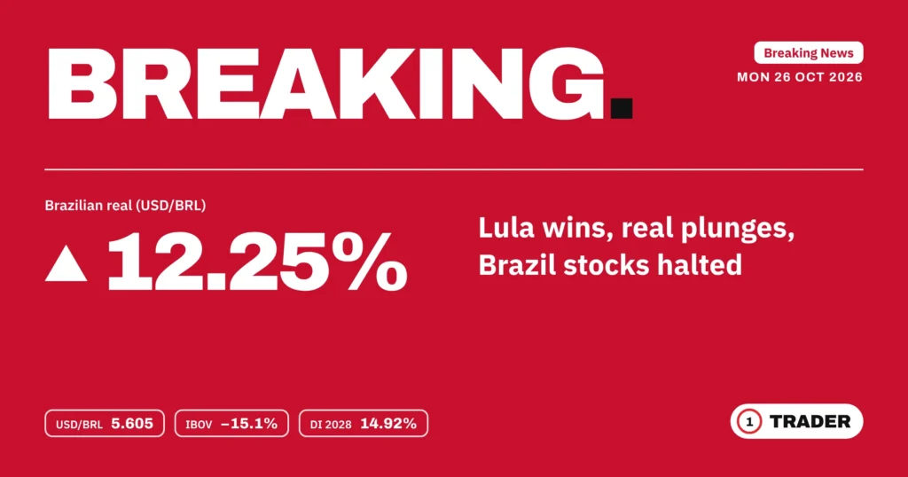 Breaking news cover 26 Oct 2026: USD/BRL up 12.25% to 5.605 after Lula wins, Ibovespa -15.1%, DI 2028 at 14.92%