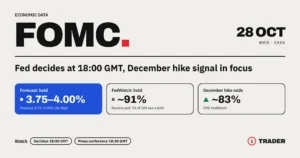 FOMC preview cover for 28 Oct 2026: expected hold at 3.75–4.00%, FedWatch ~91% for a hold and ~83% odds of a December hike, decision at 18:00 GMT
